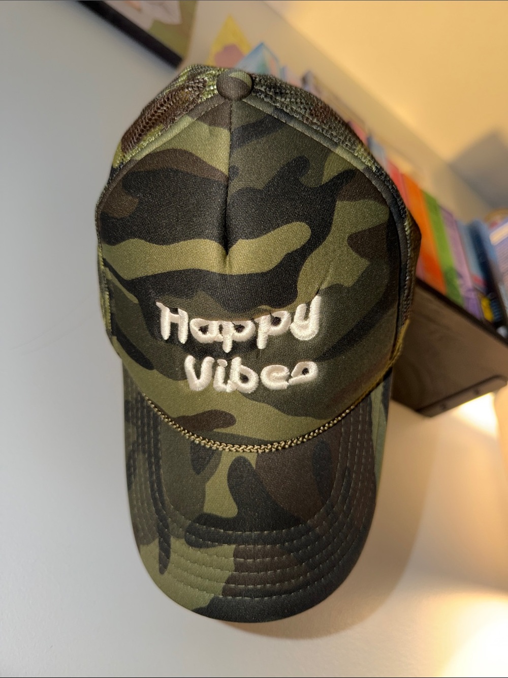Camouflage 'Happy Vibes' Embroidered Trucker Hat